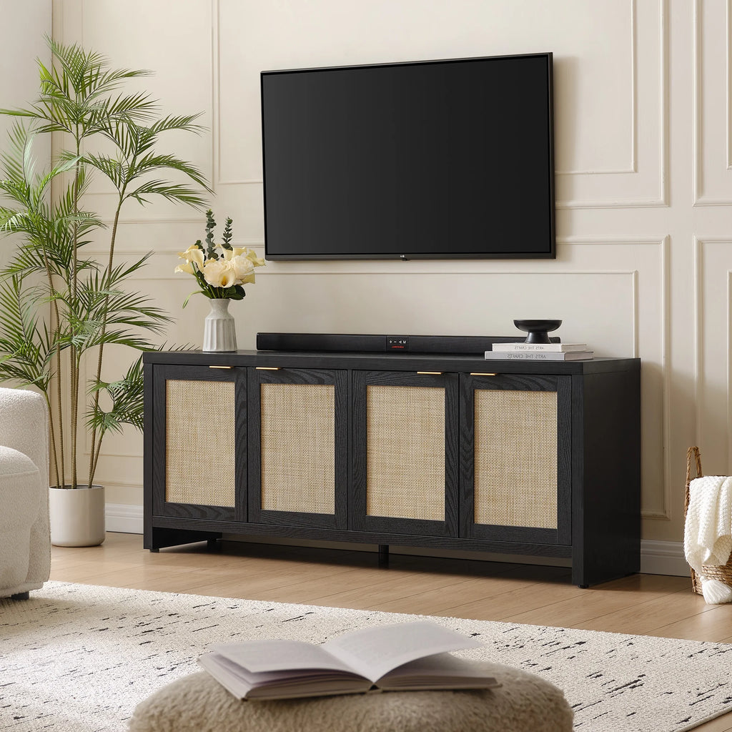SICOTAS 61.5"W Rattan TV Stand with 4 Doors, Boho Entertainment Center with Adjustable Shelves & Spacious Countertop �C Large Boho Farmhouse Media Console for Living Room, Reclaimed Caramel Oak