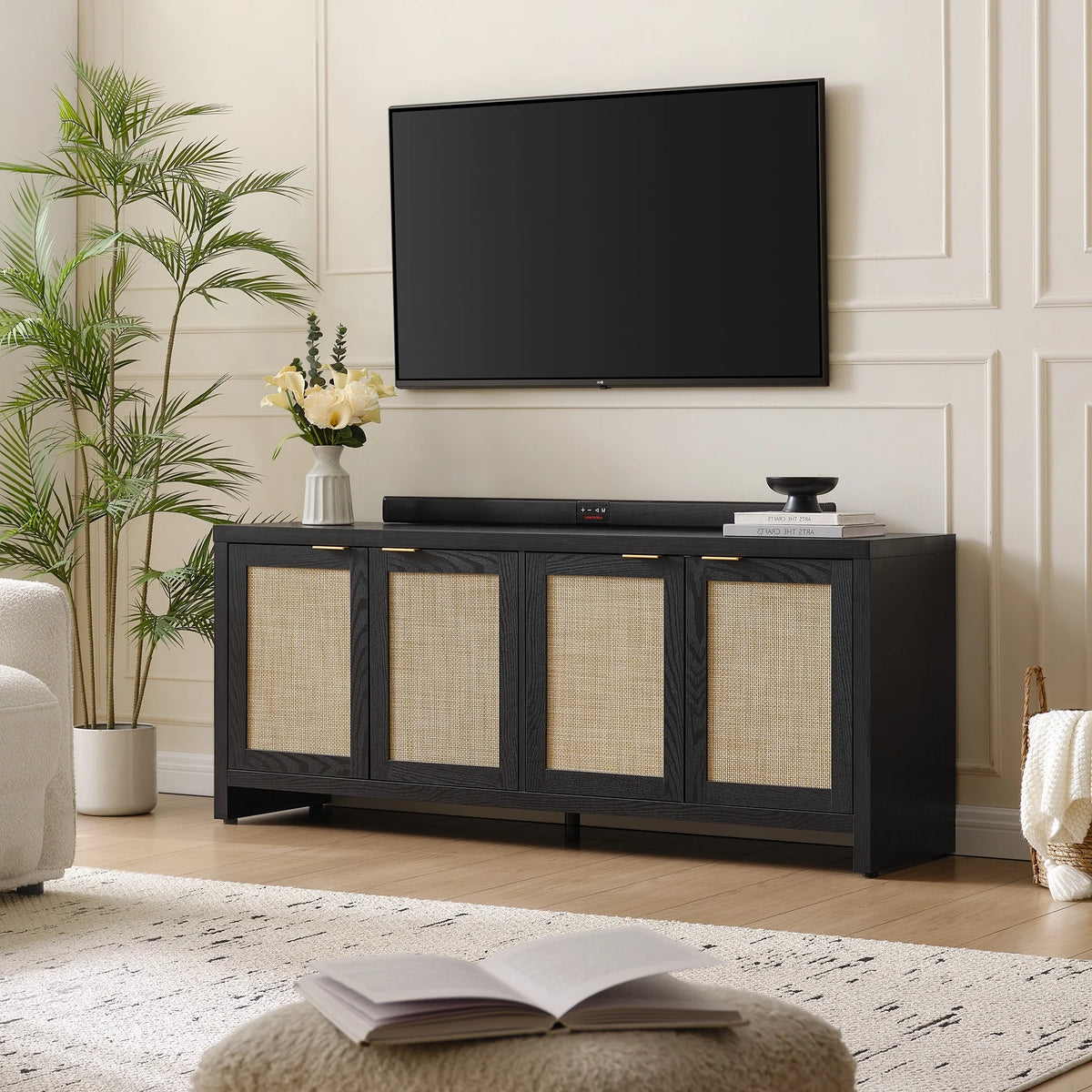 SICOTAS 61.5"W Rattan TV Stand with 4 Doors, Boho Entertainment Center with Adjustable Shelves & Spacious Countertop �C Large Boho Farmhouse Media Console for Living Room, Reclaimed Caramel Oak