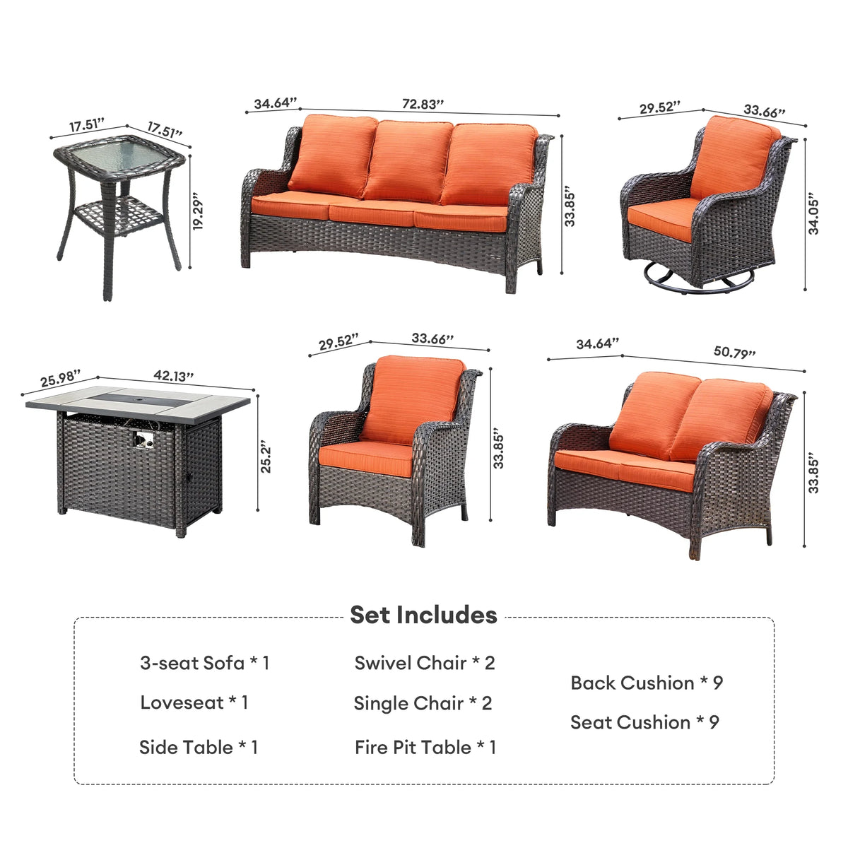 Vcatnet 8 Pieces Outdoor Patio Furniture Sectional Sofa All-weather Conversation Set with Swivel Rocking Chairs and Fire Pit Table for Garden,Poolside,Gray