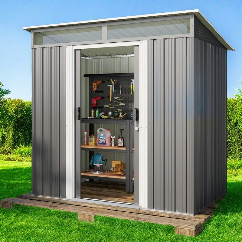 6x4 ft Outdoor Storage Shed with Double Lockable Doors - Weather-Resistant Garden Shed in Gray