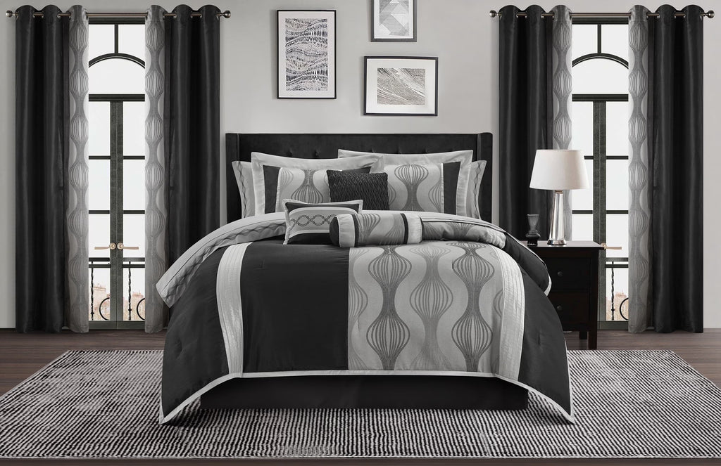 Lanco Elegant Black and Gold Comforter Set,Striped, 7 Pieces Jacquard Bedding Sets with Comforter for All Season, Bed Skirt, Pillows & Shams, Queen Size, Lightweight Microfiber