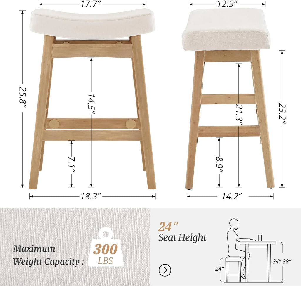 Dycanpo Saddle Seat Counter Height Bar Stools Set of 3 for Kitchen, Dining, 24in, Beige-Fabric