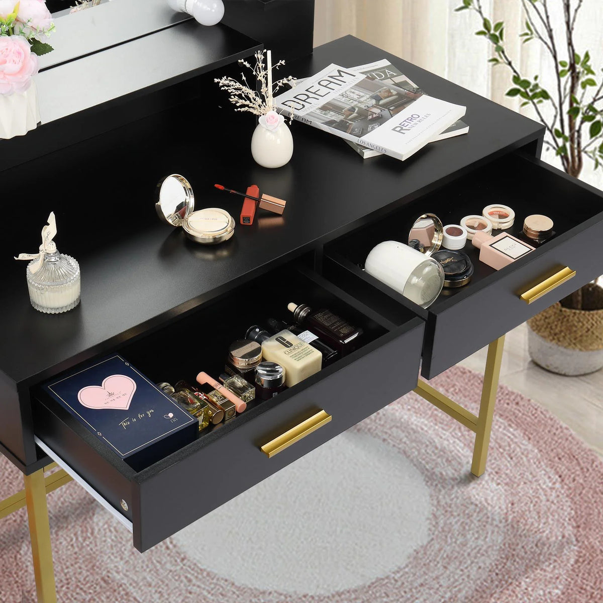 Ktaxon Lighted Makeup Vanity, White Vanity Table Set with 2 Drawer and Charging Station, Femal Gift