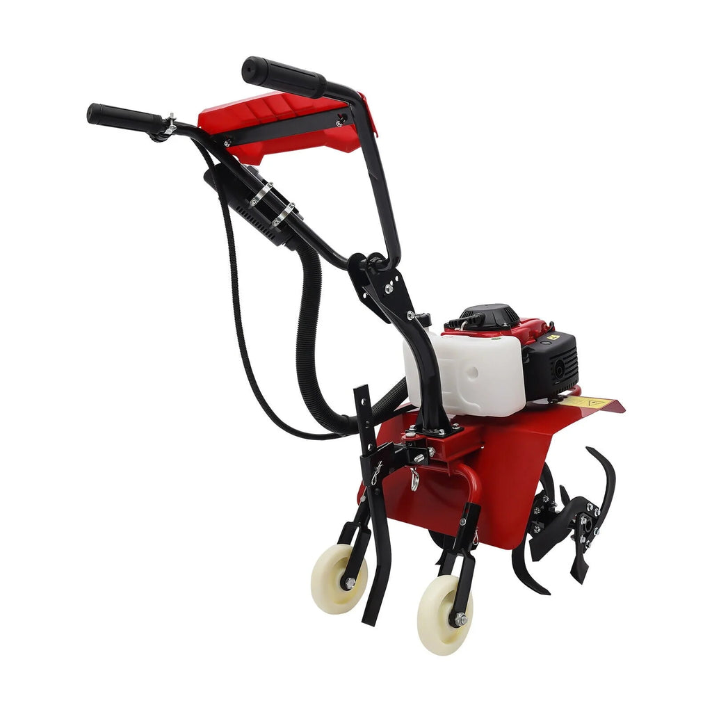 63cc Air-Cooled Gas Power Garden Tiller Cultivator Equipment 4-Stroke Portable Gas Tiller Yard Plant Farm Tilling Tool 1600W 9000RPM