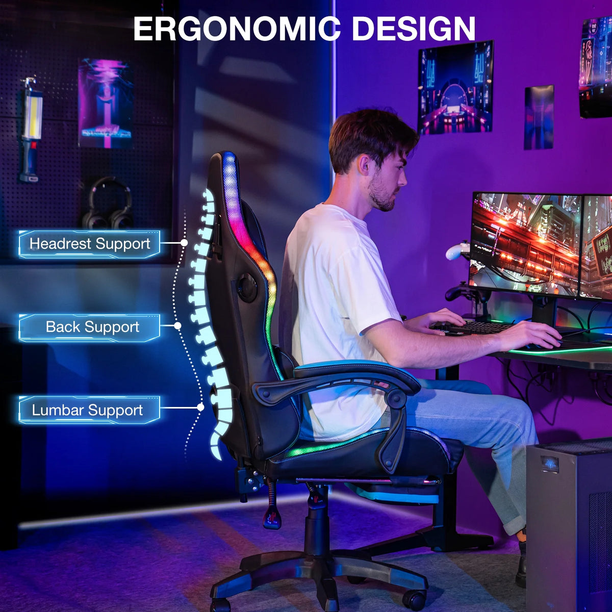 HOFFREE Big and Tall Gaming Chair with Speakers and RGB Lights, Gamer Chair with Footrest, Lumbar Support Height Adjustable 360-Swivel Seat and Headrest for Adults, 400lbs