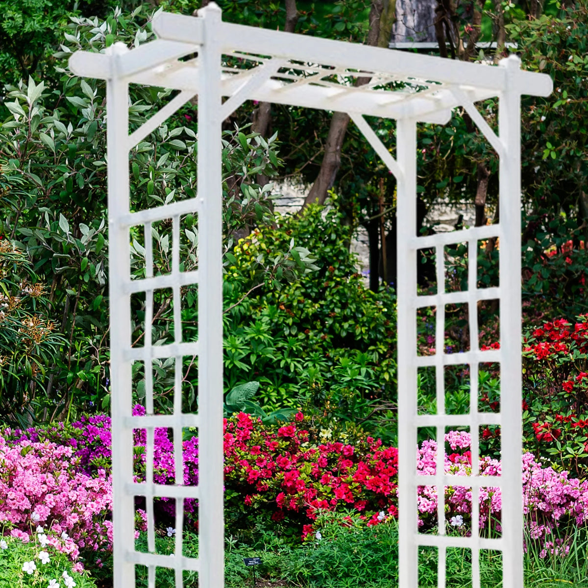 Dura-Trel Elmwood Arbor 57" x 84" PVC Outdoor Garden Arch Lattice Trellis