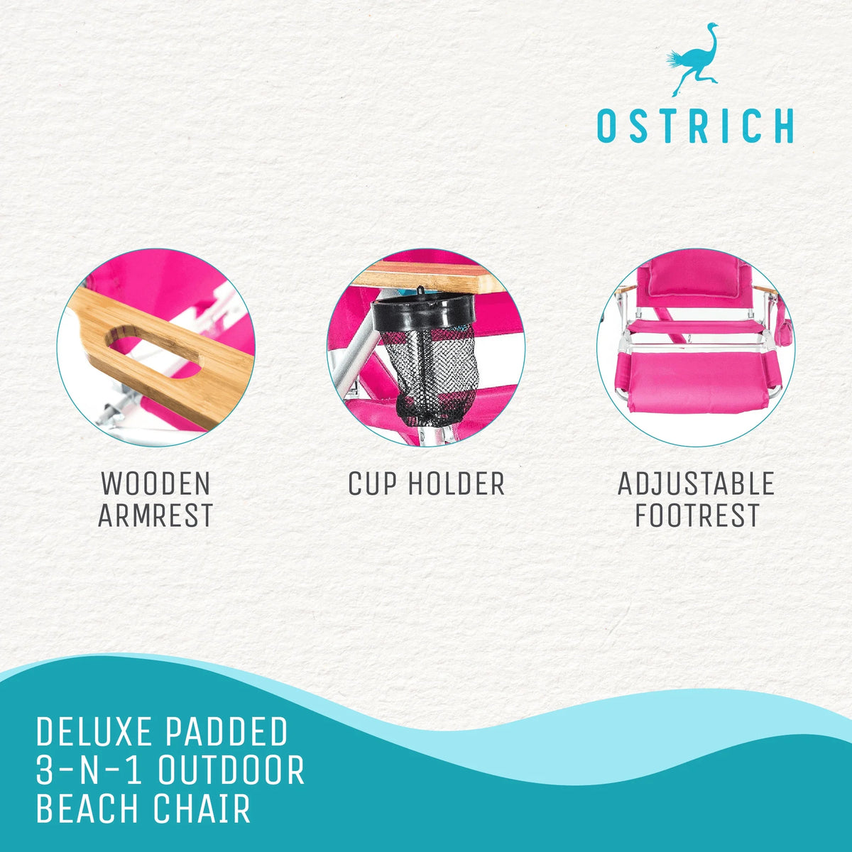Ostrich Deluxe 3N1 Lightweight Outdoor Beach Lounge Chair w/Footrest, Pink