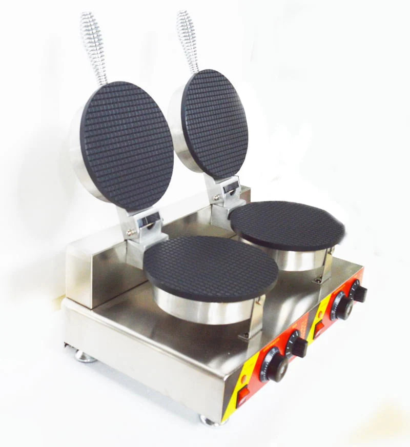 Electric Ice Cream Cone Maker Machine Double Station Baker for Round Cone Waffle Crispy Pancake Cooking