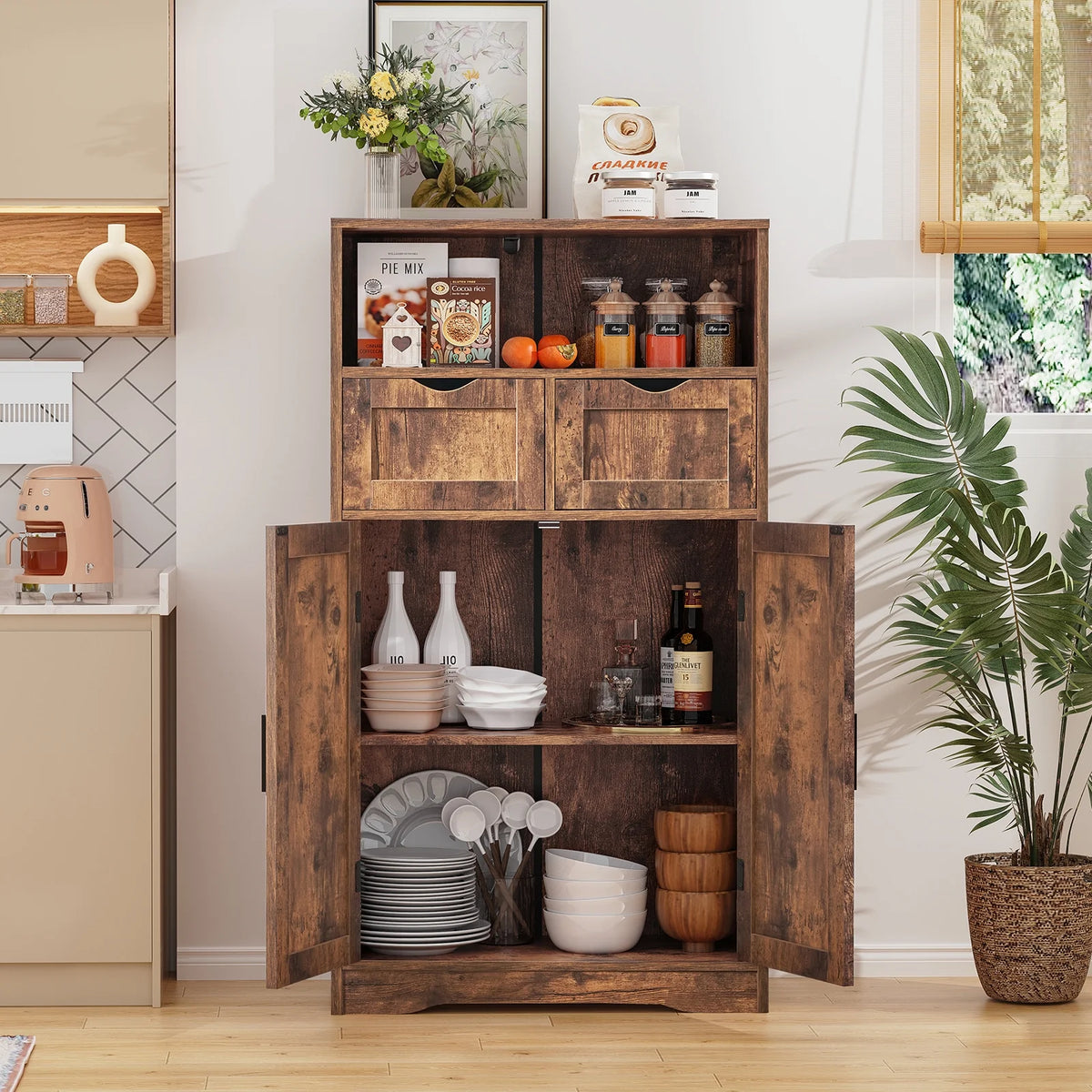 FANGSUM Rattan Storage Cabinet with 2 Drawers & 2 Shelves, Floor Cabinet for Living Room