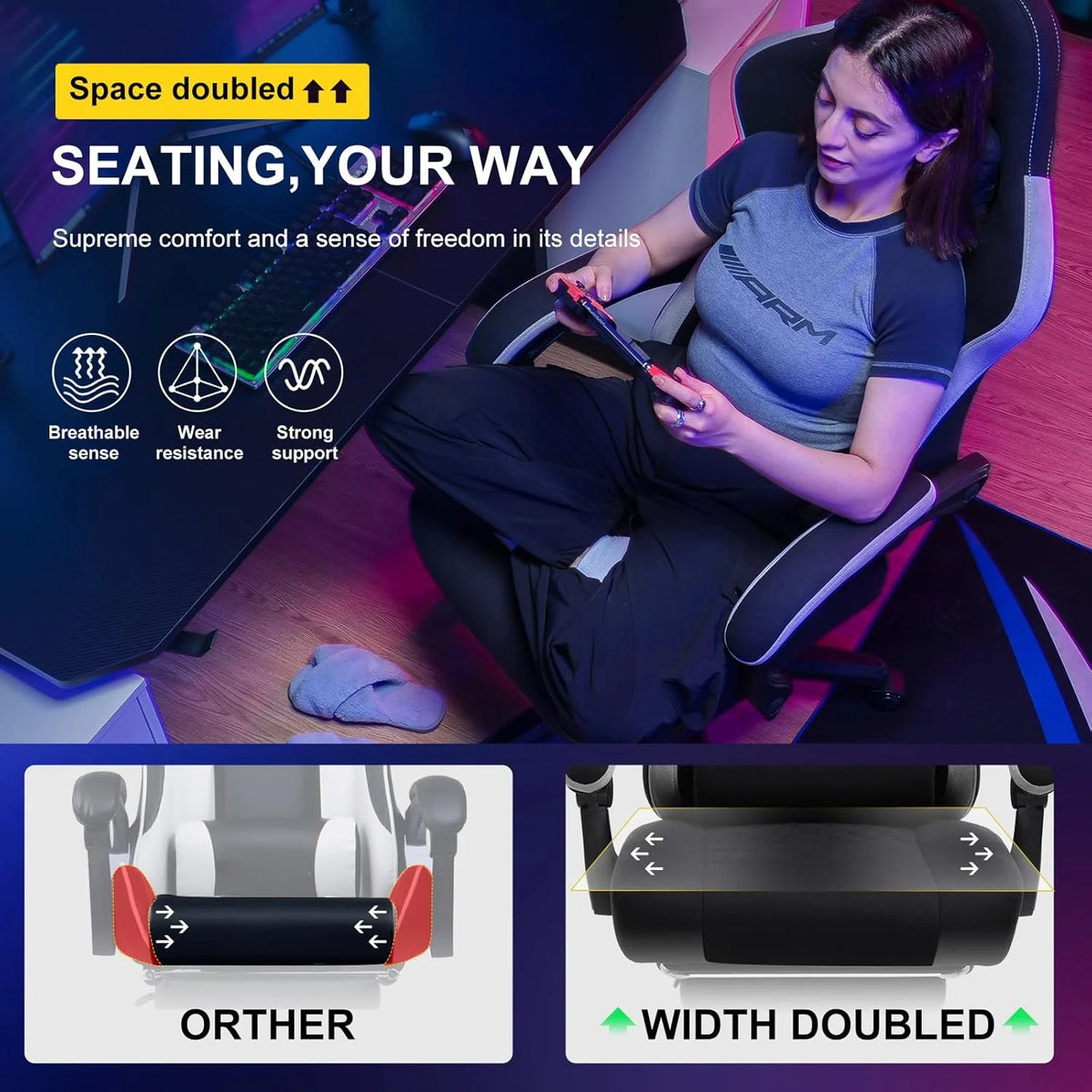 GTPLAYER Ergonomic High Back Pocket Spring Cushion Gaming Chair with Footrest & Linkage Armrests, Black