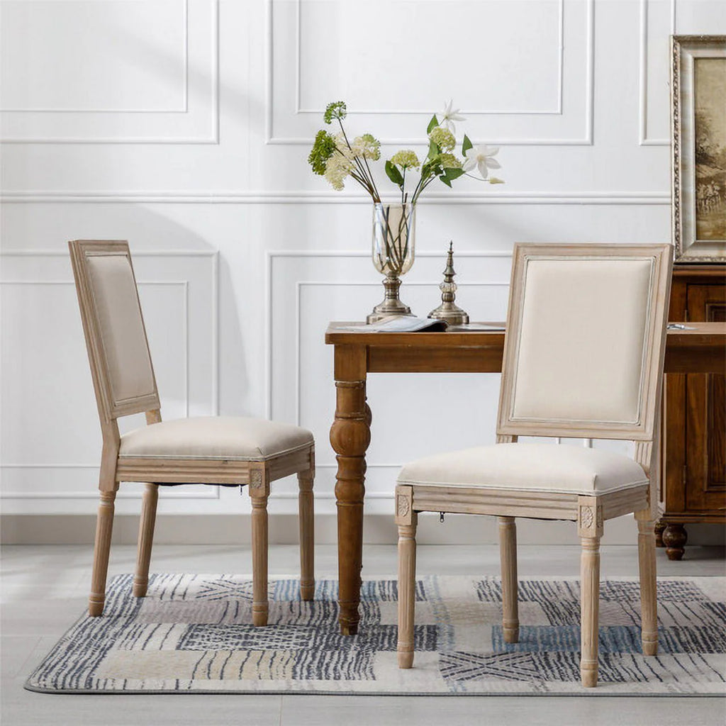 Classic Cream French-Style Dining Chair Set of 2 - Antique Painted Solid Wood Frame with Comfortable Linen Fabric Upholstery for Elegant Dining Spaces