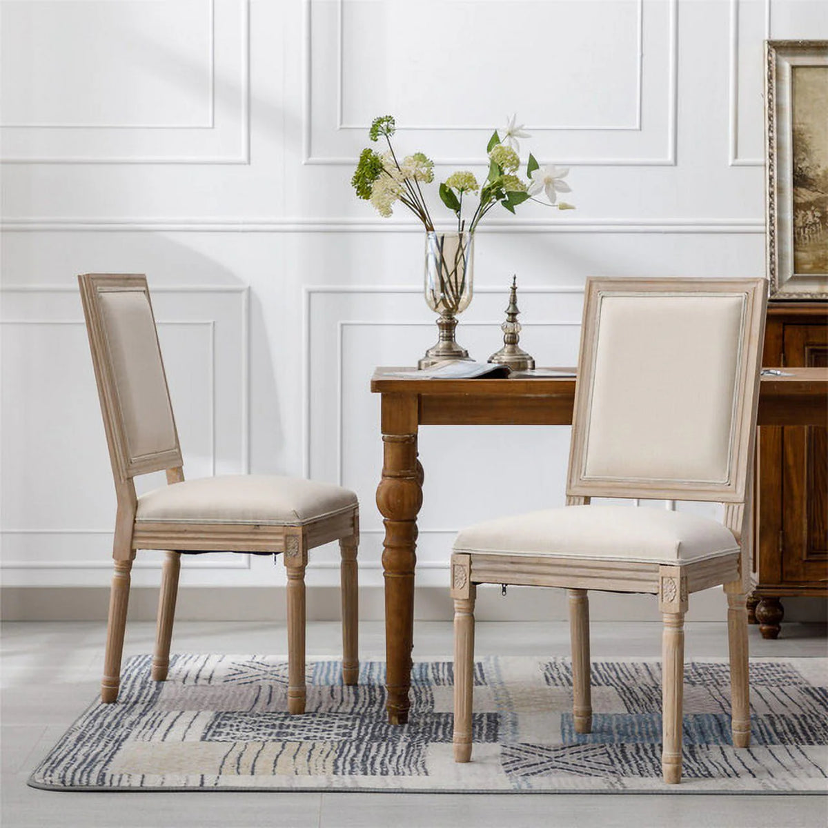 Classic Cream French-Style Dining Chair Set of 2 - Antique Painted Solid Wood Frame with Comfortable Linen Fabric Upholstery for Elegant Dining Spaces
