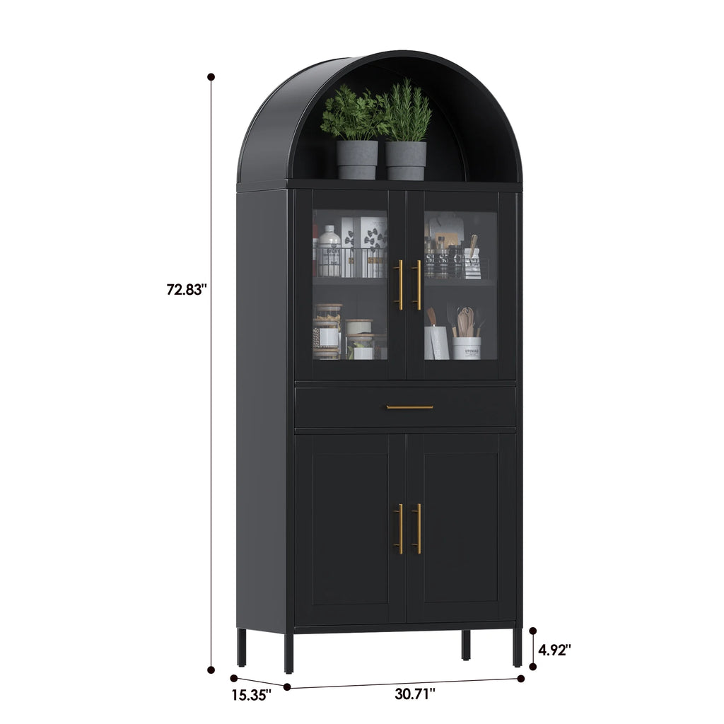 SUPEER Metal Arched Storage Display Cabinet with Glass Doors and Adjustable Shelves, Lockable Cabinet, Assembly Required, Black
