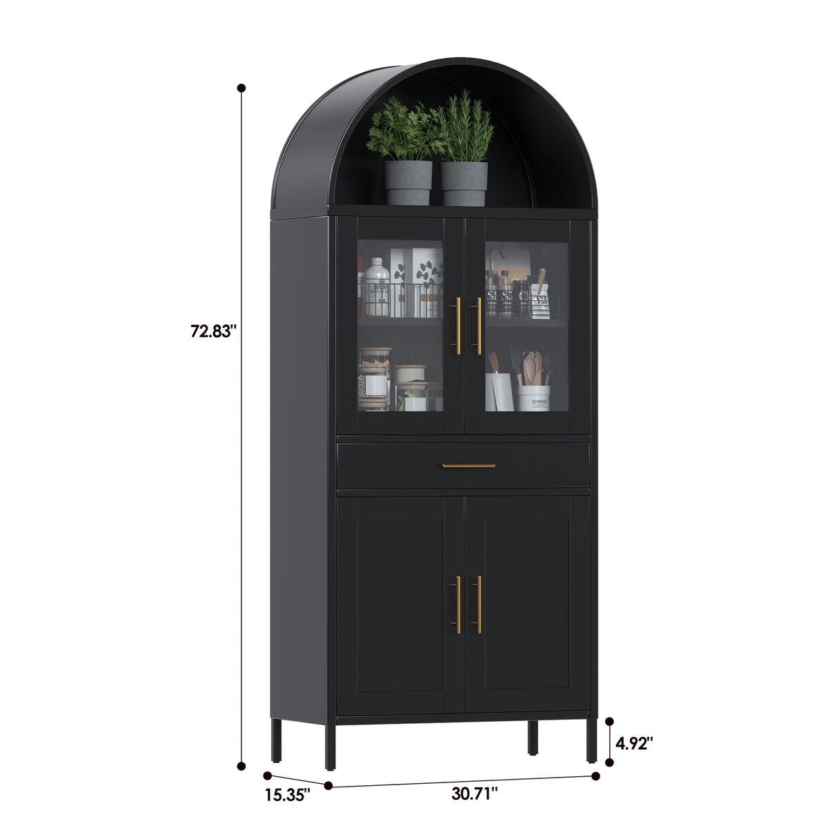 SUPEER Metal Arched Storage Display Cabinet with Glass Doors and Adjustable Shelves, Lockable Cabinet, Assembly Required, Black
