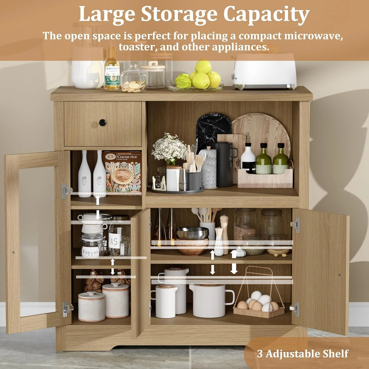 Kitchen Microwave Cabinet with Storage,Buffet Sideboard with 3 Doors, 1 Drawer & Adjustable Shelves, Pantry Storage Cabinet, White