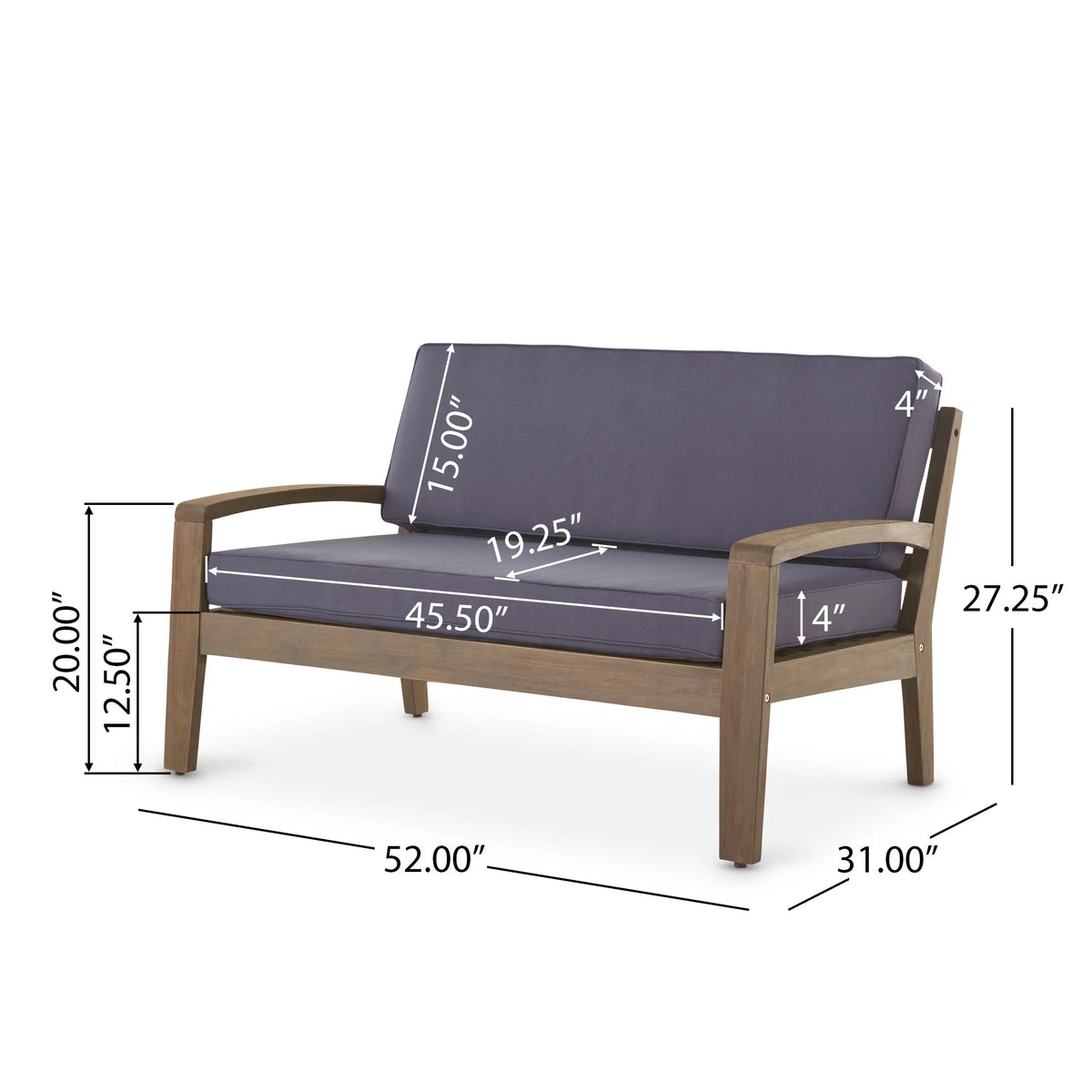 Wilcox Outdoor Acacia Wood Loveseat and Coffee Table Set with Cushions, Grey, Dark Grey