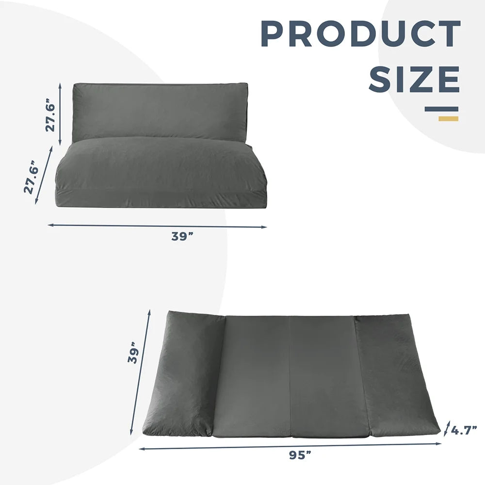 Folding Sofa Bed,Extra Thick and Long Fluffy 4 Position Convertible Flip Lounge Chair,Foam Filling Folding Matress Sofa Bean Bag with Washable Cover,Grey,39x95 Inch