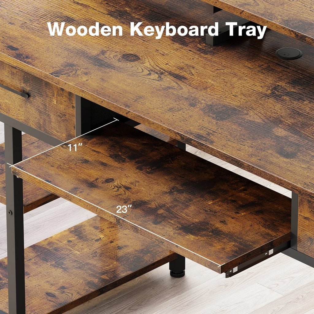 48 inch Computer Desk with Keyboard Tray, Gaming Writing Desk with Drawers/Monitor Stand Shelf/Removable Storage Shelves/CPU Stand for Home Office, Vintage