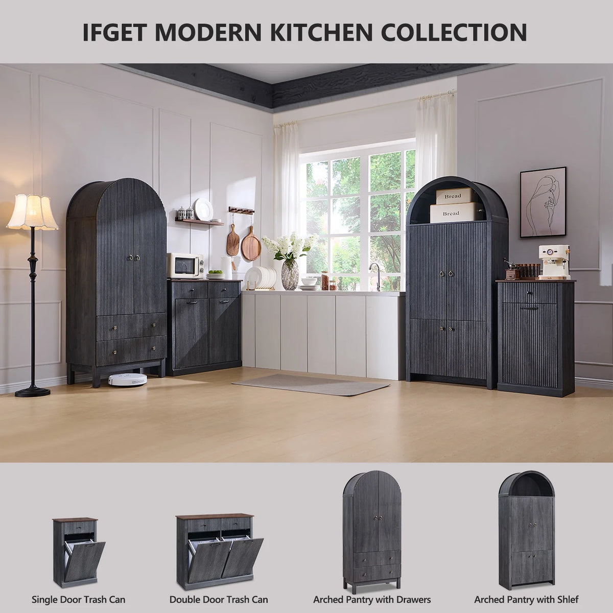 IFGET 71-Inch Arched 4-Tier Bookcase with Glass Doors and Drawers