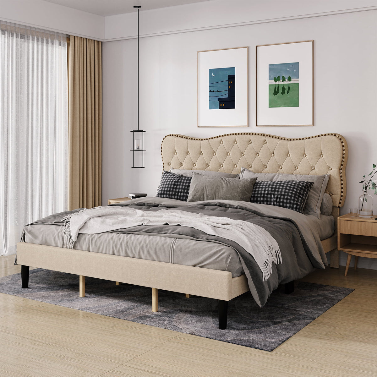 Homhougo King Size Bed Frame Upholstered Platform, Bed Frame with Square Velvet Headboard, Wooden Slats Support, Non-Slip and Noise-Free, No Box Spring Needed, Easy Assembly(Light Gray)