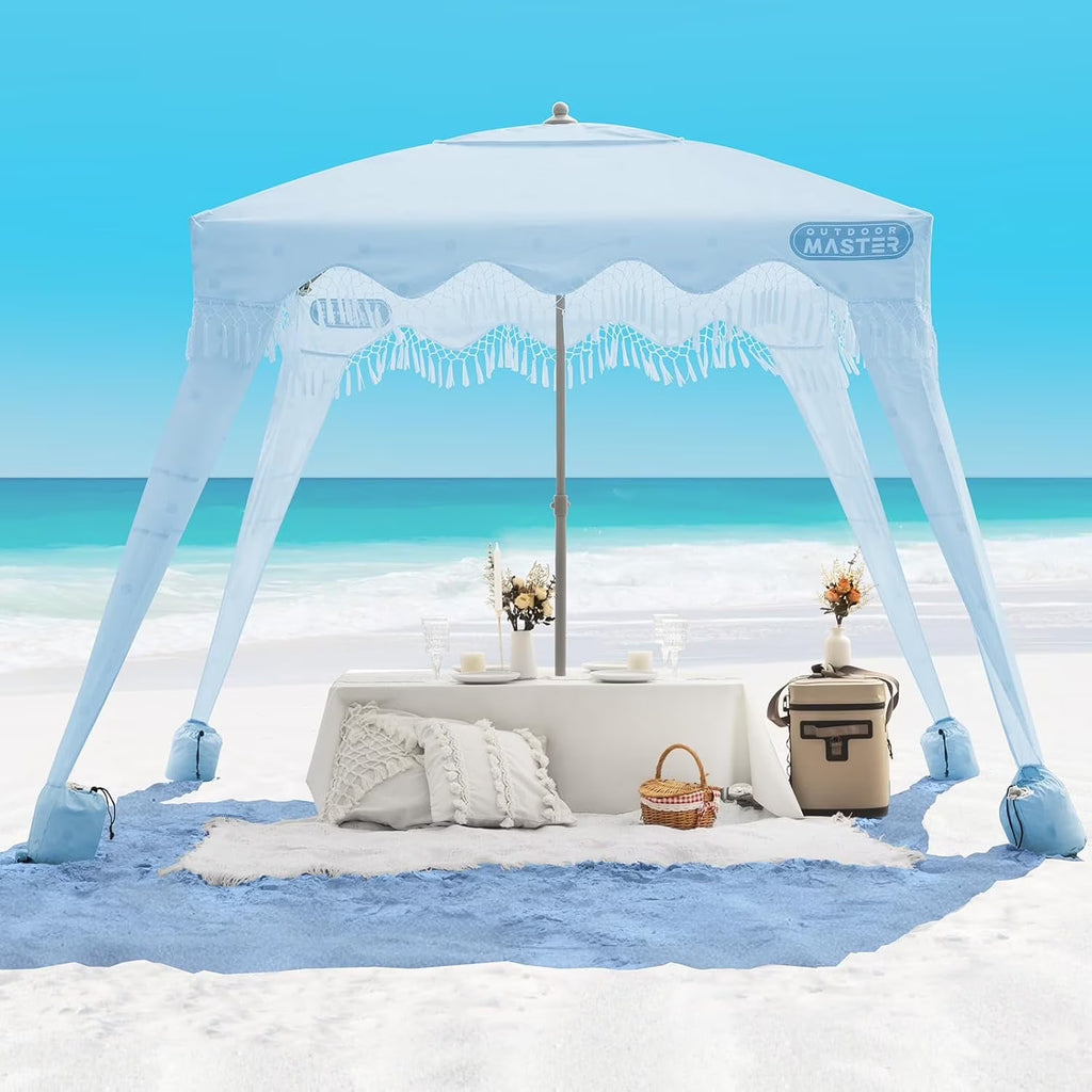 OutdoorMaster Beach Cabana with Fringe, Portable 6' x 6' Beach Canopy, Easy Set Up Beach Shelter, Included Side Wall, UPF 50+ UV Protection Sun Umbrella - for Kids, Family & Friends