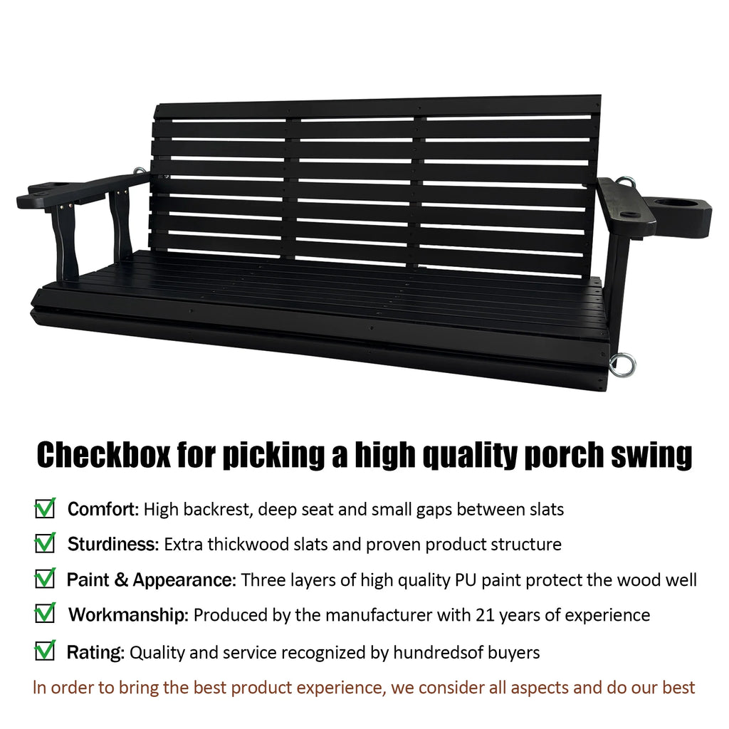 Fortune Candy 3 Person Outdoor Wood Hanging Swing, Heavy Duty 880 lbs Wood Porch Swing, Brown-5ft