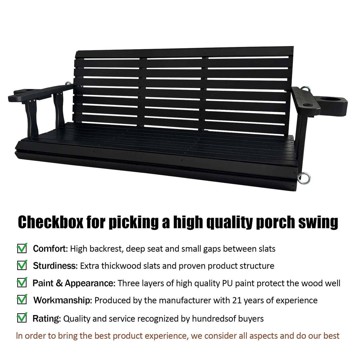 Fortune Candy 3 Person Outdoor Wood Hanging Swing, Heavy Duty 880 lbs Wood Porch Swing, Brown-5ft