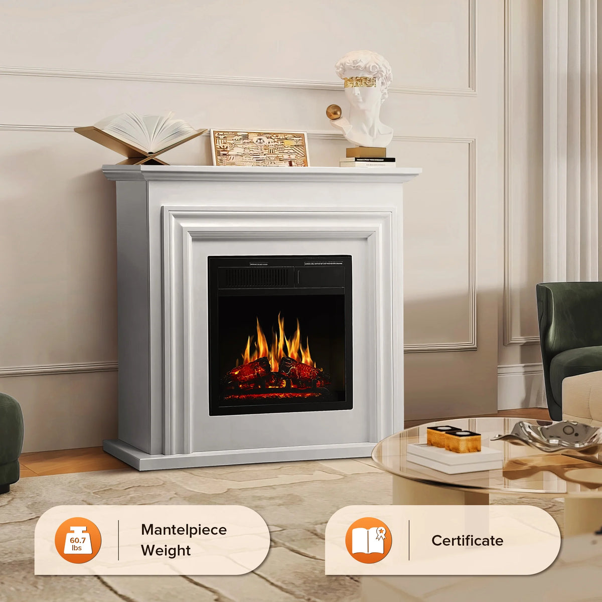 Electactic Electric Fireplace, Free Standing Fireplace, with Remote Control, Adjustable LED Flame, 750W/1500W -��White��