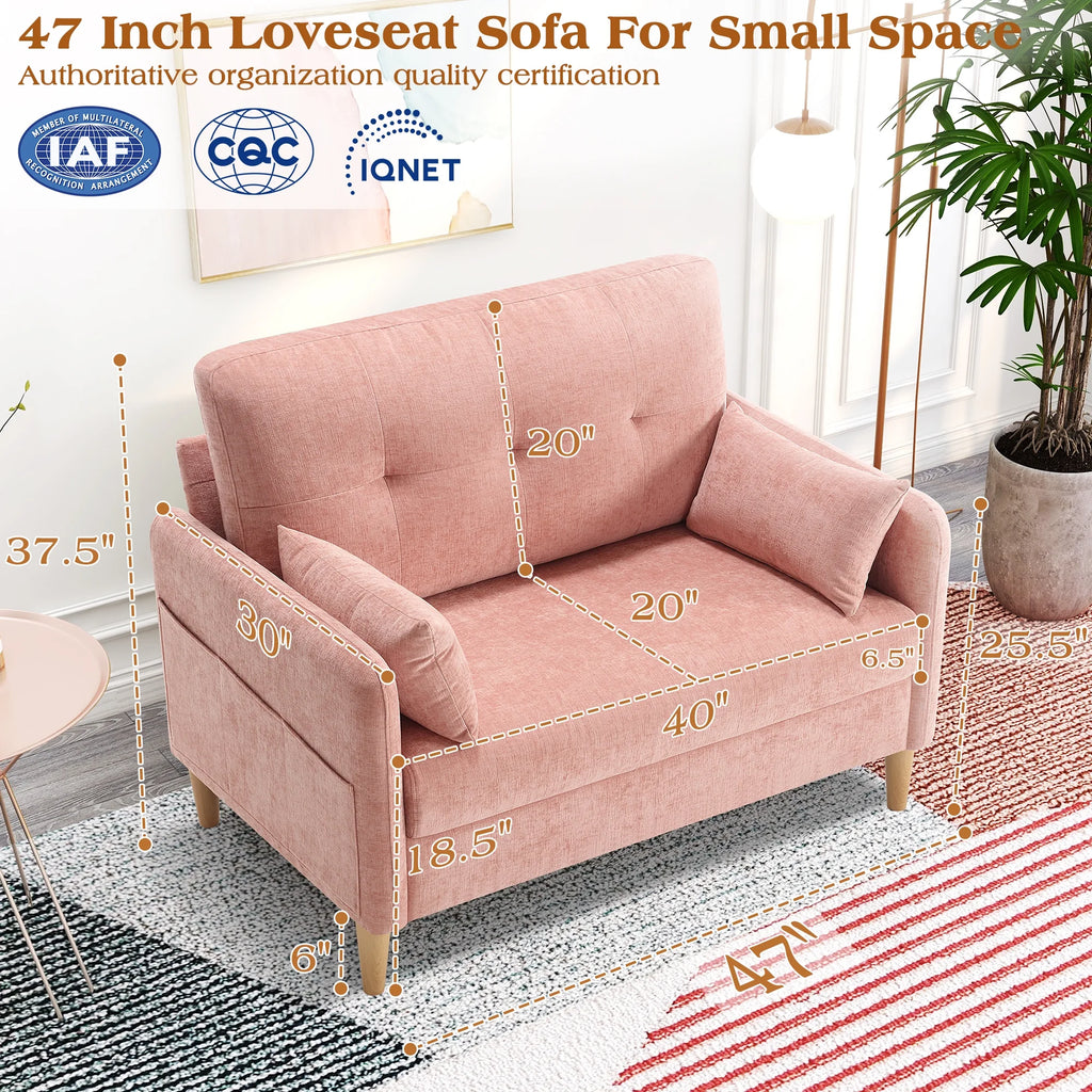 BedLuxury 47'' Wide LoveSeat, 2-seat Chenille sofa with 2 Pillows for Living Room and Small Spaces, Dark Grey