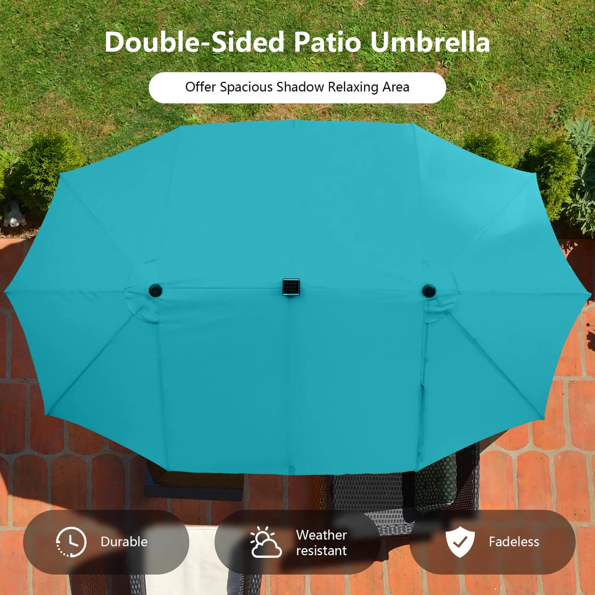 Costway 15FT Twin Patio Double-Sided Umbrella 48 Solar LED Lights Crank Outdoor Beige