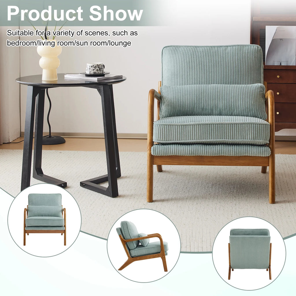 Ktaxon Accent Chair Corduroy Upholstered Armchair, Reading Club Chair with Pillow and Solid Wood Frame for Living Room Bedroom Furniture Off White