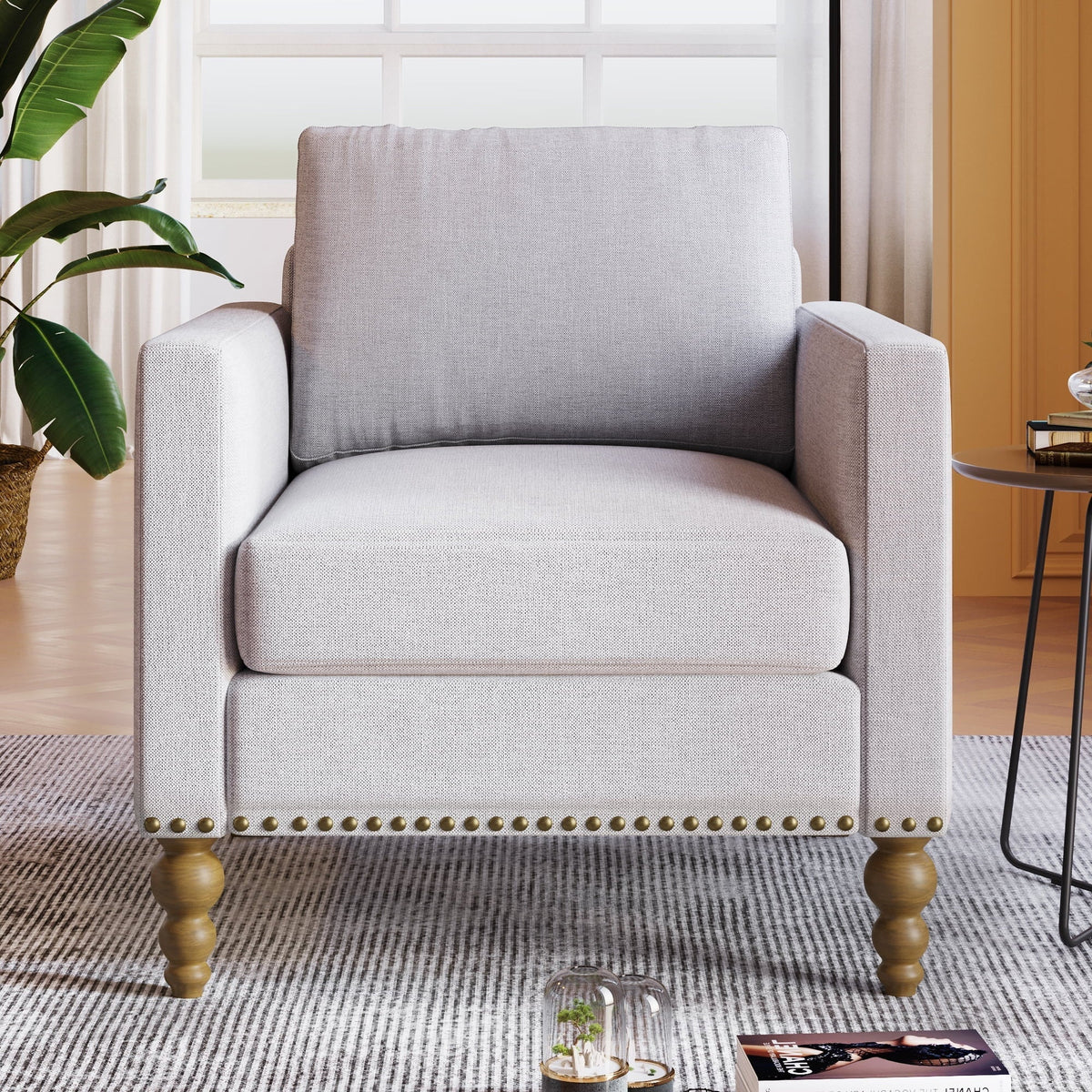 SYNGAR Accent Chair for Living Room, Bedroom Comfy Reading Armchair, Mid Century Modern Arm Chair Soft Linen Upholstered Cozy Side Single Sofa Chair Nailhead Trim Decor Relaxing Seating, Beige