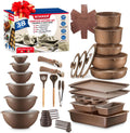 Bakken Master 38 Piece Granite Cookware and Bakeware Set �C Nonstick Granite Coating, Pots and Pans with Detachable Handles and Tempered Glass Lids, 6-piece Bakeware set, 12-piece Mixing Bowls,Brown