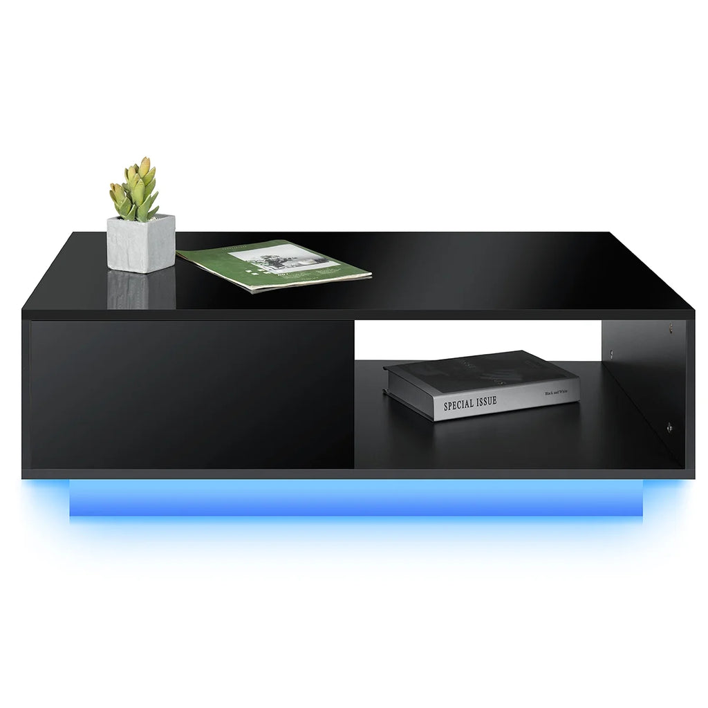 Hommpa LED Coffee Table Modern Side Tables High Gloss Black Cocktail Table with 2 Drawers Open Shelf for Living Room