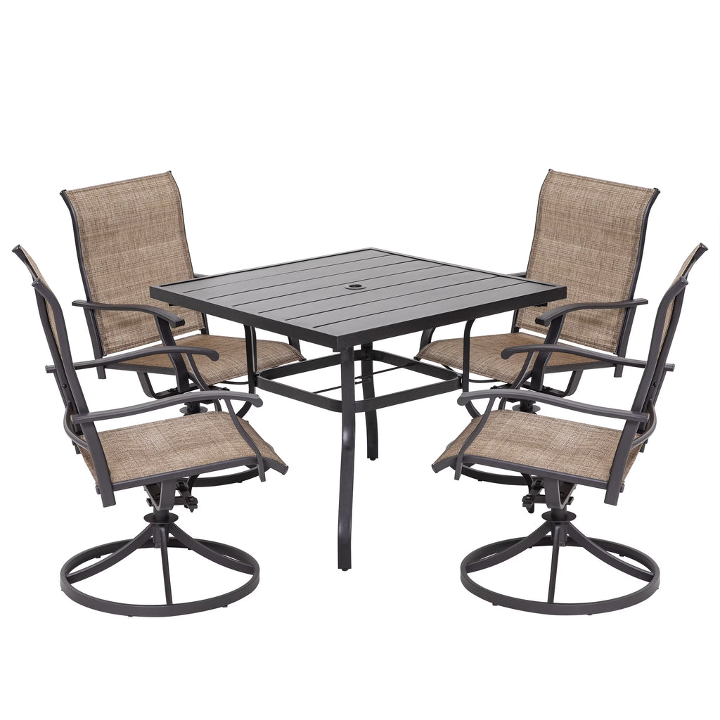 Nuu Garden 5 Piece Outdoor Patio Dining Set, Metal Patio Furniture Set 4 Textilene Swivel Chairs and 37" Square Iron Umbrella Dining Table,Black and Brown