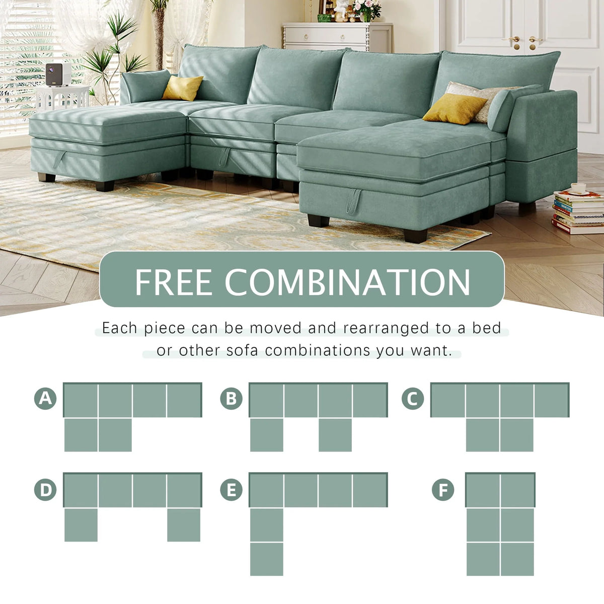 Euroco Large U-Shaped Sectional Sofa 6 Seat Convertible Sofa with Storage Seat, Modular Sofa with 2 Stools, Green