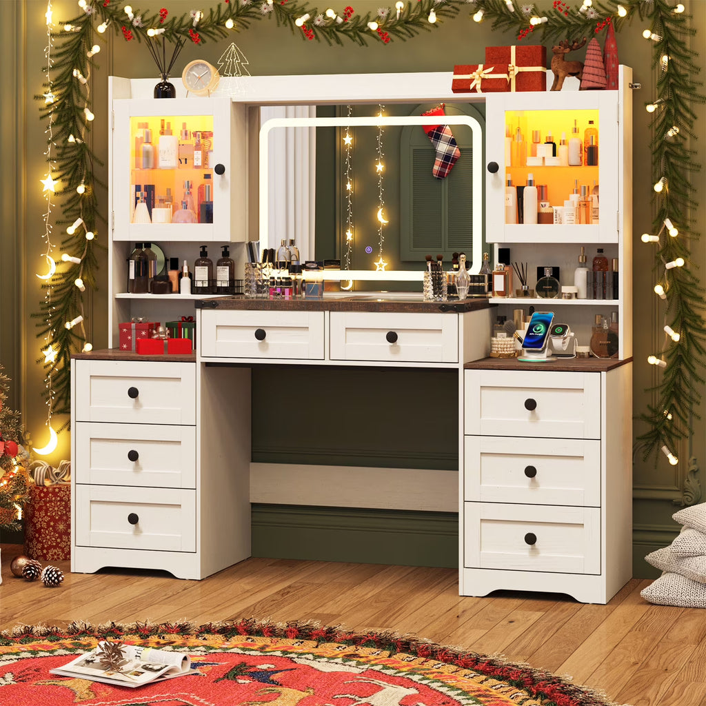 ANPOO 60" Farmhouse Vanity Desk with Outlet, Mirror Lights, Tempered Glass Top, Big Makeup Vanity Table with 2 RGB Glass Cabinets, 60000-color LED Lights, Wood Makeup Desk for Women, Girls, Brown