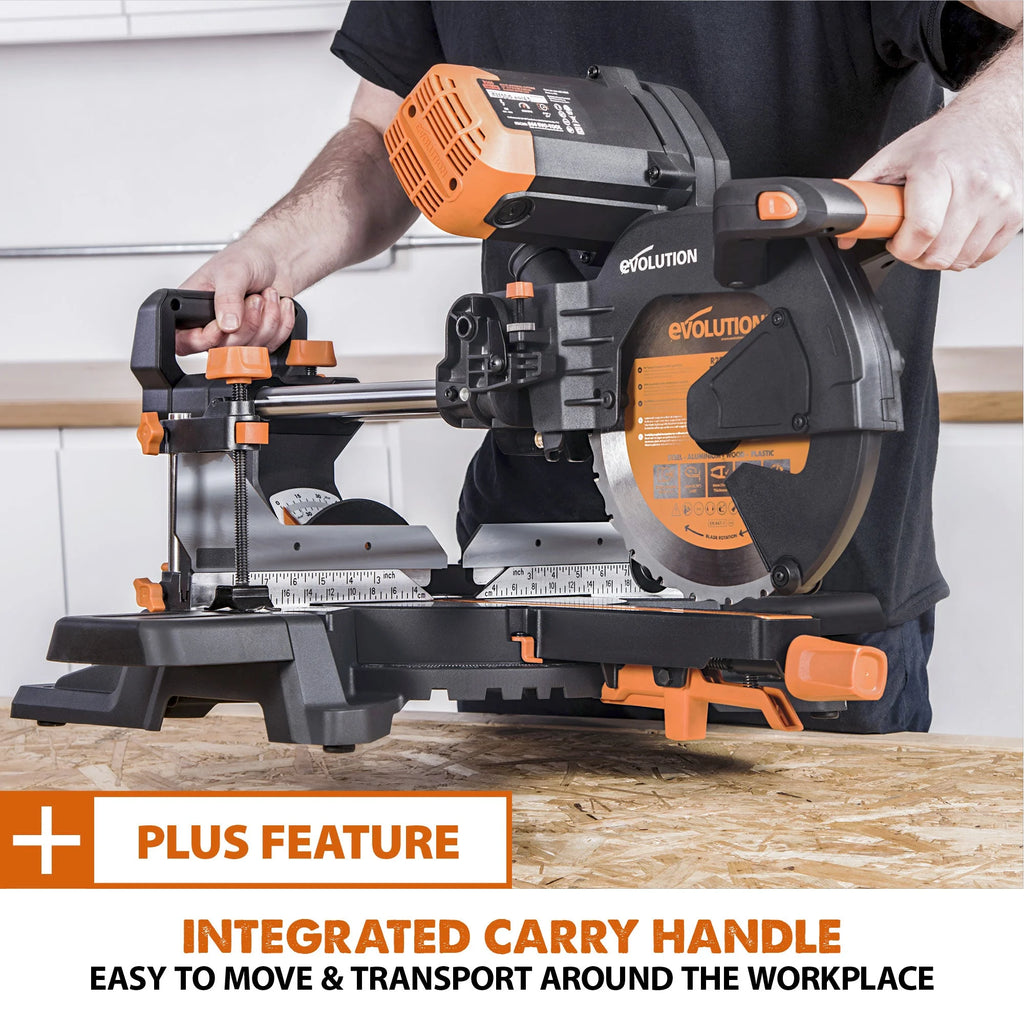 Evolution R255SMS-DB+: Dual Bevel Sliding Miter Saw With 10 in. Multi-Material Cutting Blade