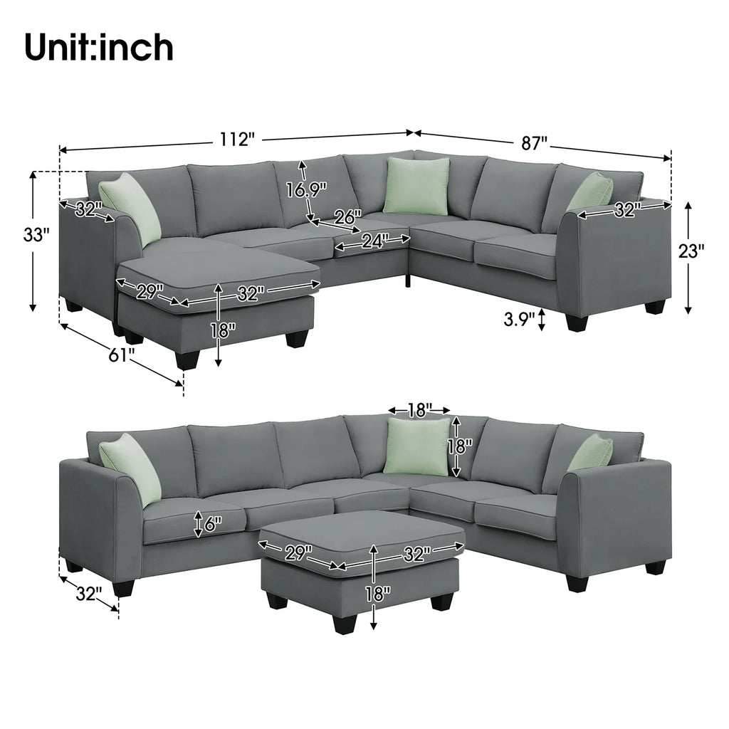 Harper & Bright Designs Modular Sectional Sofa with Ottoman Couch L Shape Corner Sofa Sets 7 Seats Fabric Couch for Living Room, Black, 112 * 87 inch