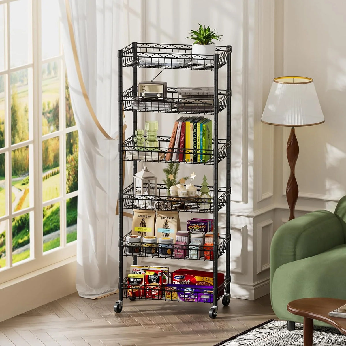 6 Tier Wire Shelving Unit with Wheels Baskets Storage Rack Corner Shelves Adjustable Shelf Closet Bathroom Organizers Metal Pantry Kitchen Garage Laundry Room 13.5" D x 13.5" W x 63" H Silver