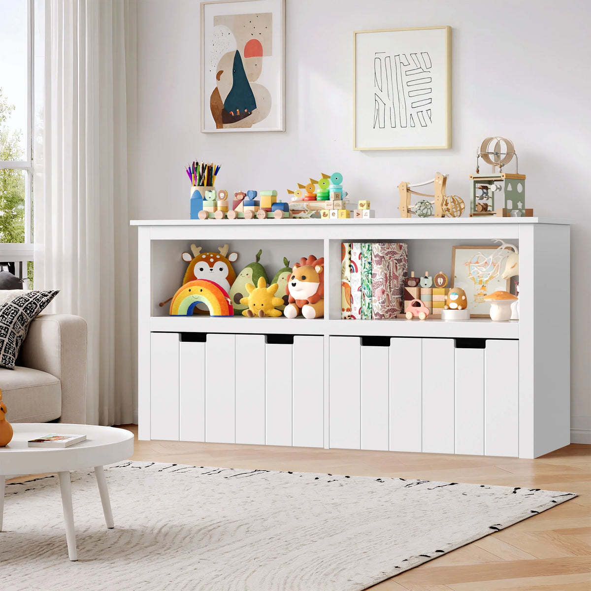 Homfa Kids Toy Storage with 4 Drawers, Cubes Storage Bin with Shelves and Wheels for Kids Living Room, White
