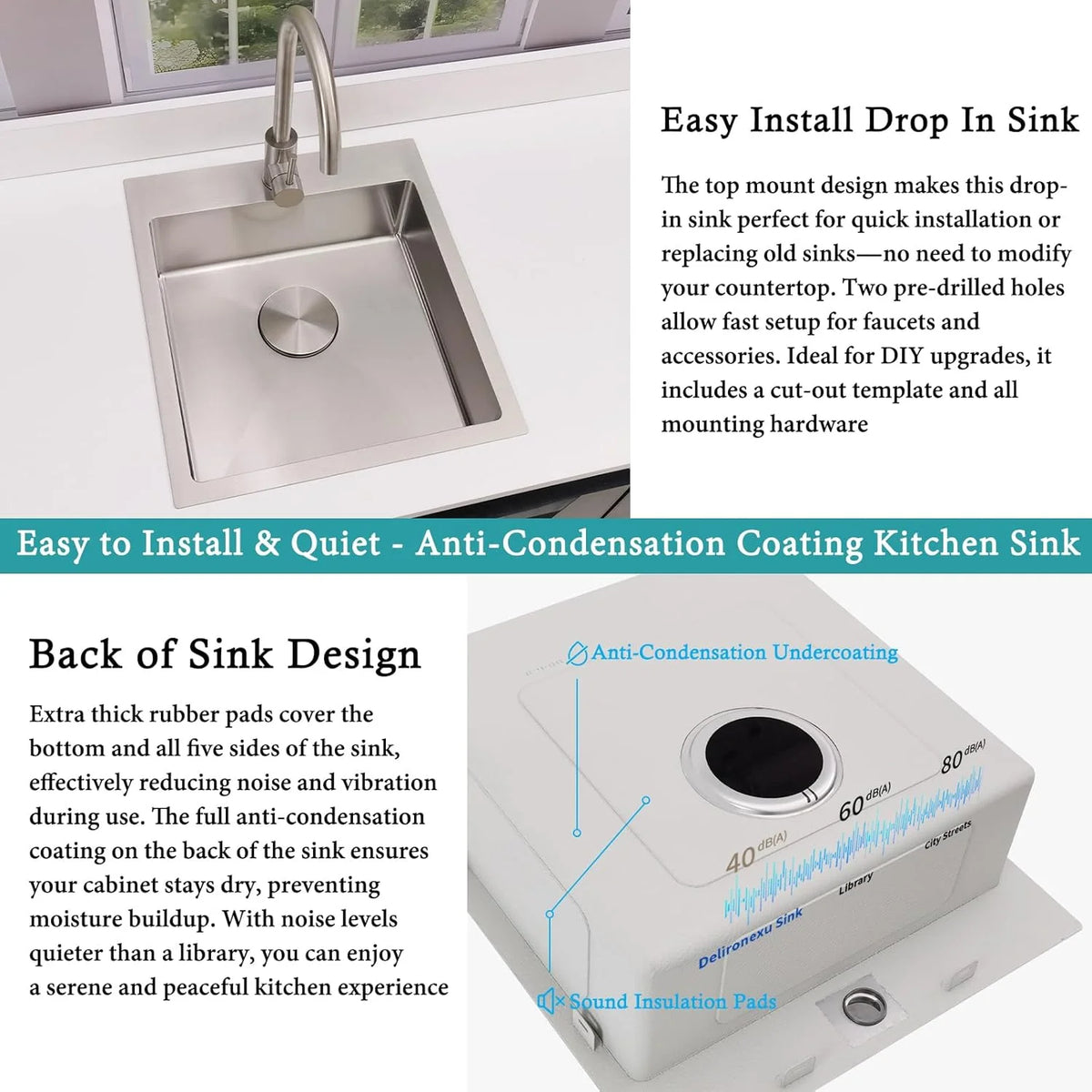 17 Inch Bar Sink Drop In �C  Small Kitchen Sink, Modern 18 Gauge Stainless Steel sink with Brushed Finish, 17"x19"x6" Single Bowl kitchen Sinks for RV, Prep, and Outdoor Use