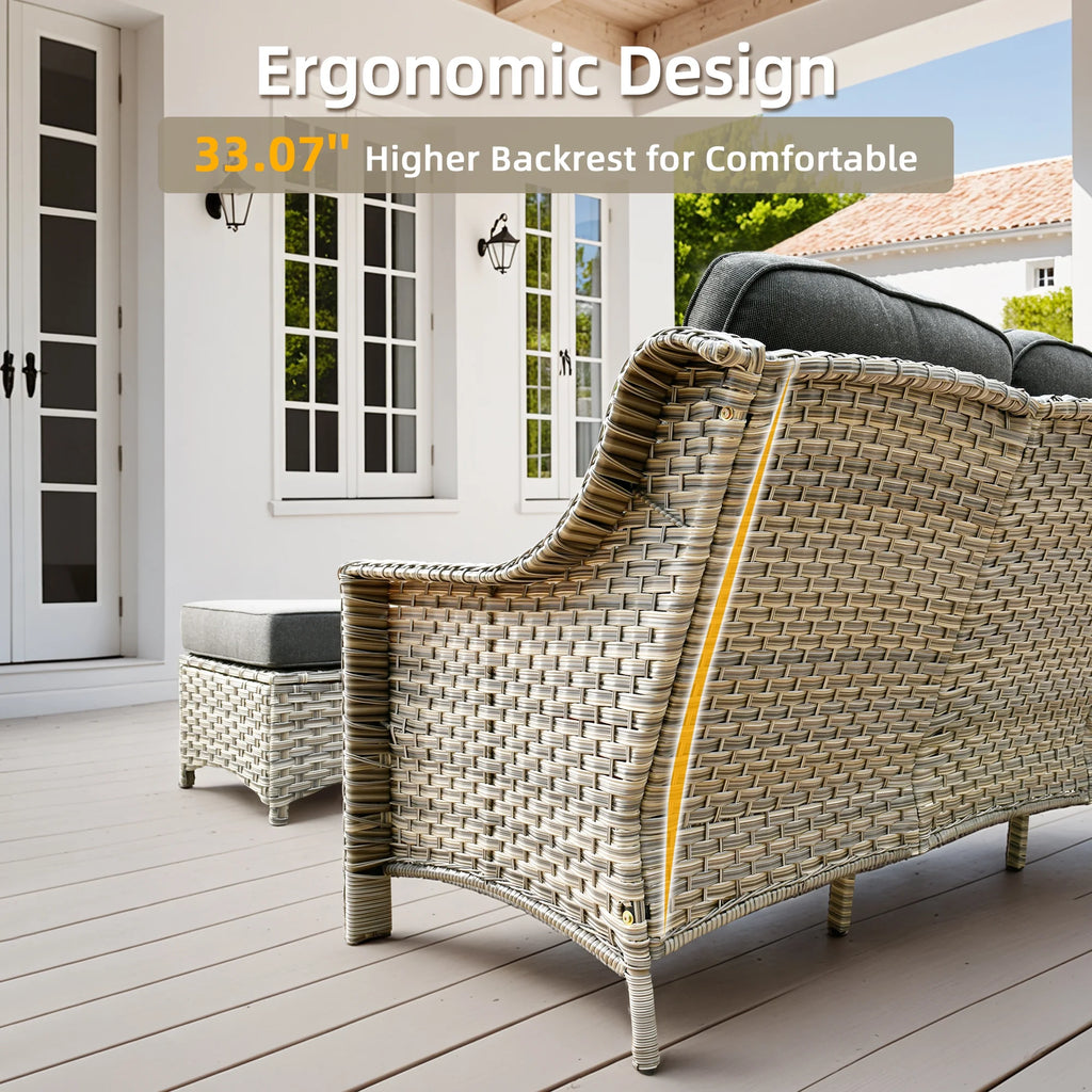 Ovios Outdoor Patio Sofa 3-Seater with Cushions All-Weather Wicker Rattan Couch for Garden, Porch, or Backyard