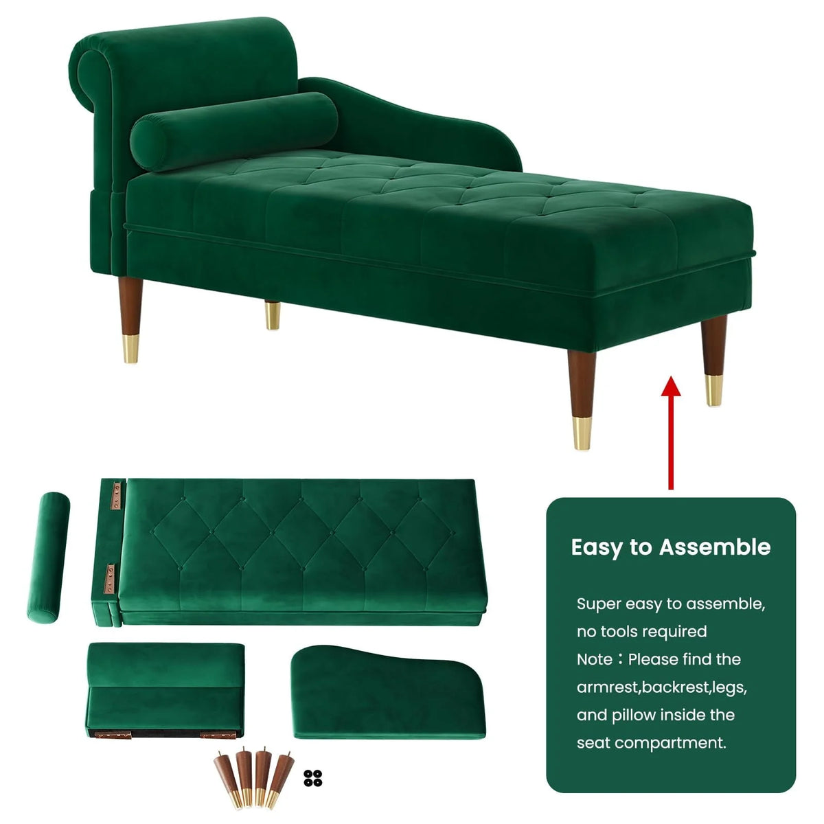 Chaise Lounge Indoor,Vesgantti 59" Velvet Modern Lounge Chair Upholstered with Arm Lumbar Pillow Sofa Chair for Living Room Office,Green