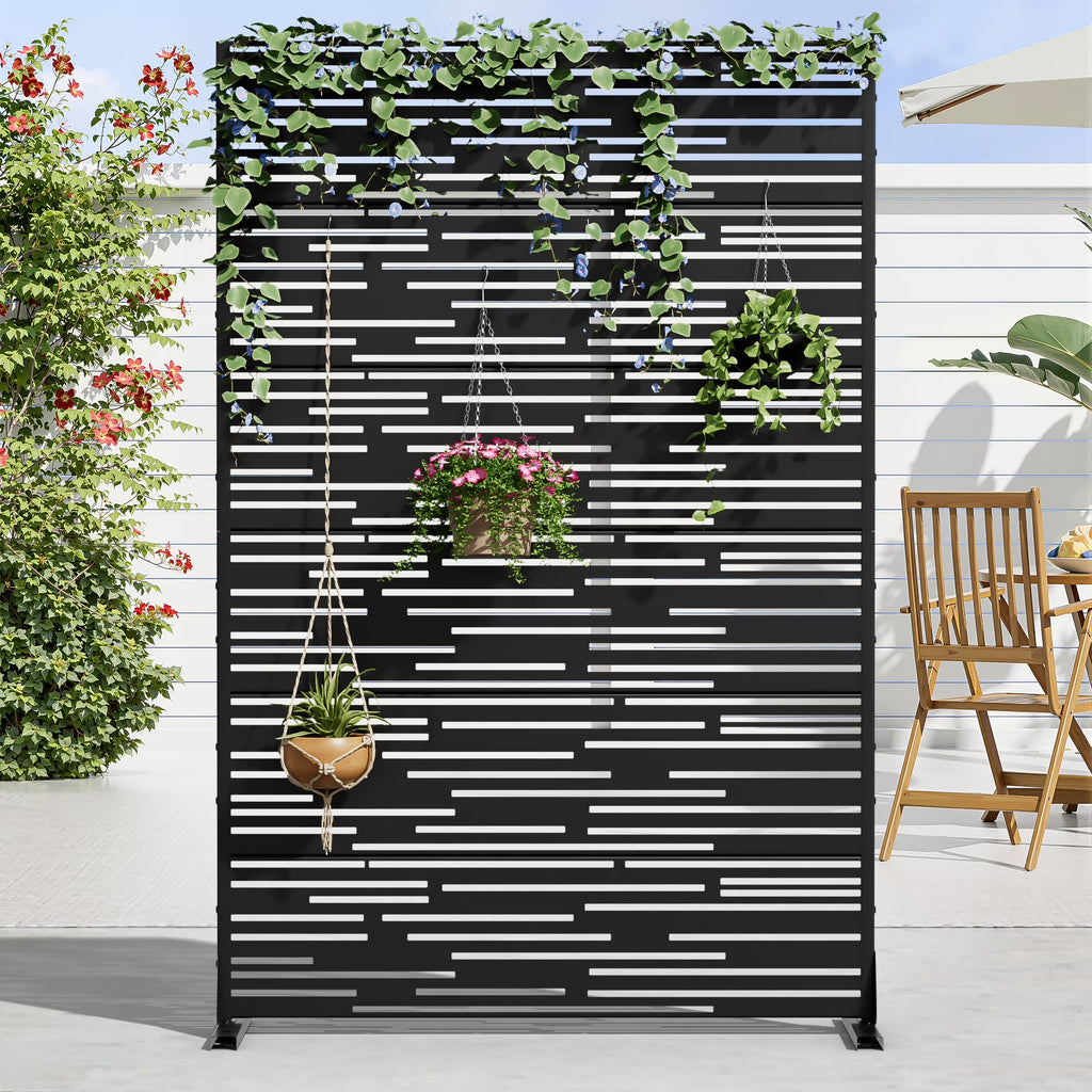 MAYEERTY 72 �� 47in Outdoor Privacy Screen with Stand Metal Balcony Decorative Screen, Black