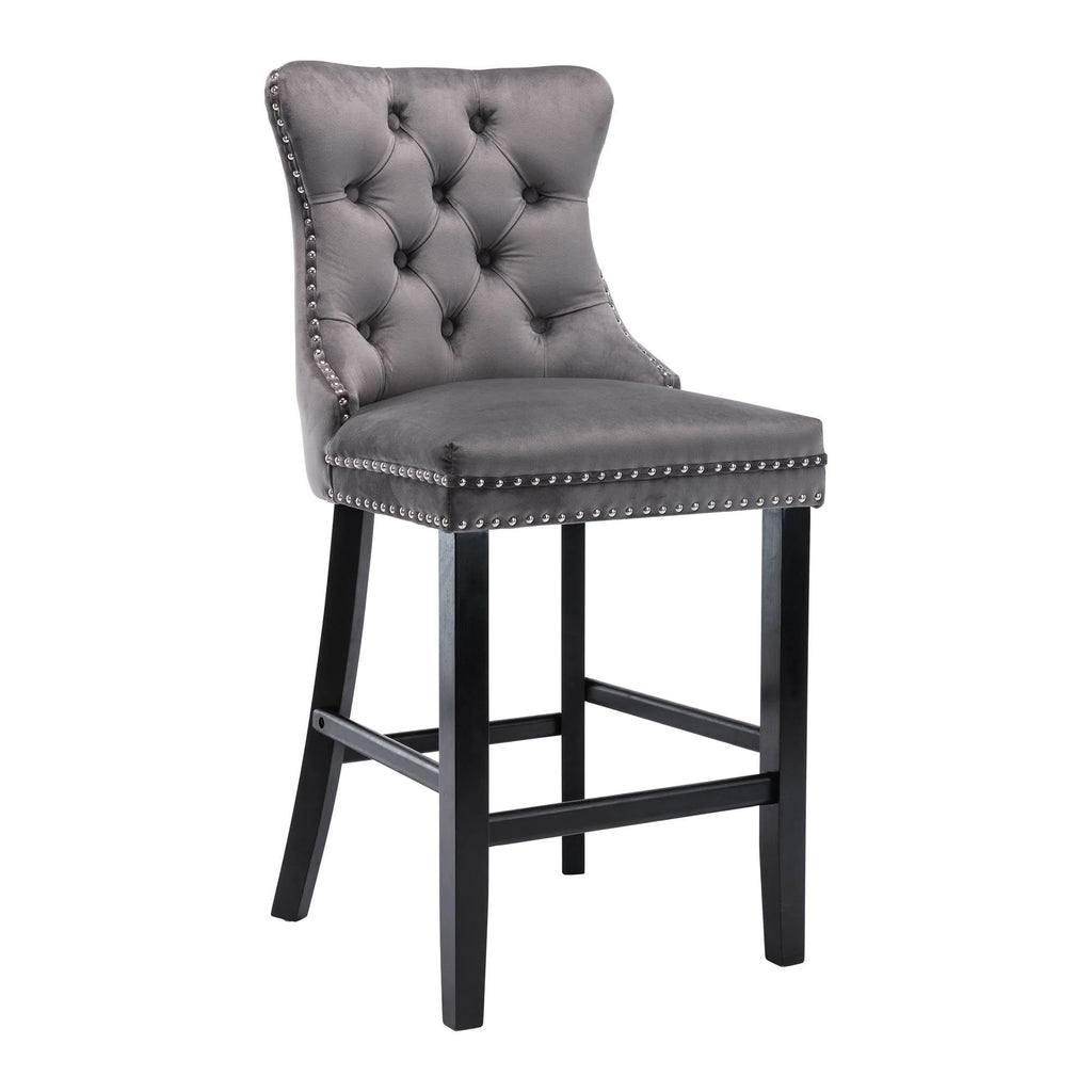 Velvet Bar Stools Set of 2, Upholstered Counter Height Bar Chair with Rivet and Button Trim, Bar Stool with Back and Footrest, for Dining Room, Kitchen, Pub, Gray