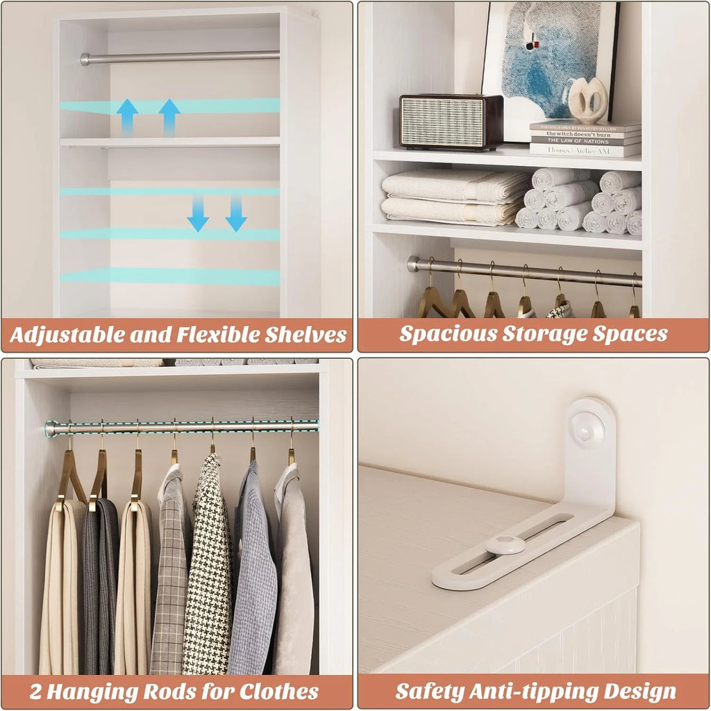 Homieasy 25�?Closet System, Freestanding Closet Organizer Wardrobe with Hanging Rods and Shelves, Adjustable Clothes Garment Rack, Sturdy Walk in Closet Tower, White
