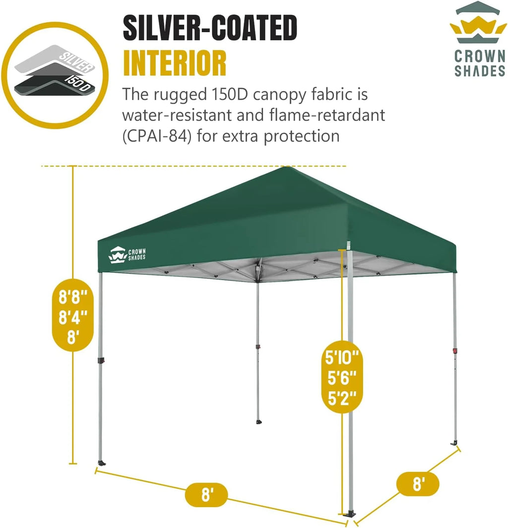 CROWN SHADES 8x8 Pop Up Canopy with One Push Setup Easy Outdoor Sun Shade for Events Parties Camping Forest Green