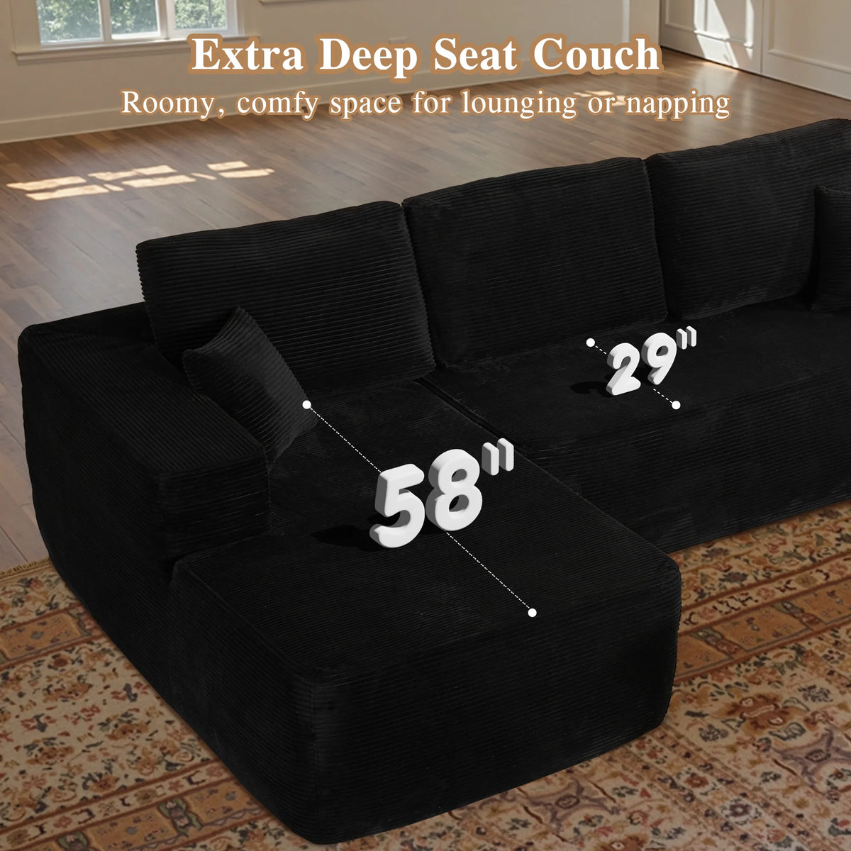 Ovios 106" L-Shaped Sectional Sofa Modern Modular Cloud Couch with Deep Seating Upholstered Sofa for Living Room Bedroom, No Assembly Required, Black(Corduroy)