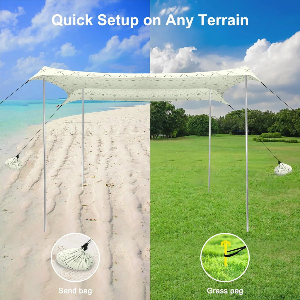 Beach Tent, UPF 50+ Beach Canopy Sun Shade, Portable 10×10 FT Large Pop-Up Beach Tent Sun Shelter with Sand Anchors, Ground Pegs, Easy Setup for Beach, Camping, Park, and Backyard Fun